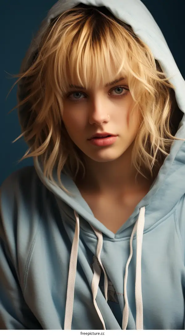 A beautiful blonde woman in a blue hoodie with her hands in the pocket of the hoodie looking at the camera with a serious expression