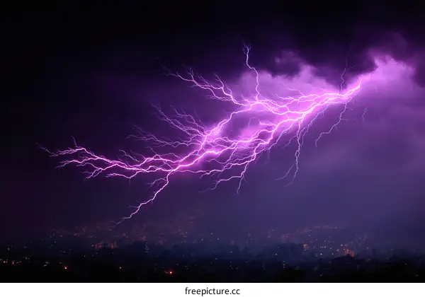 Dramatic Night Lightning Storm Over Cityscape