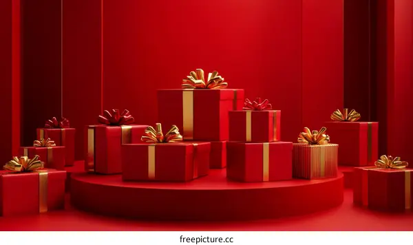 Red Gift Boxes Display on a Stage