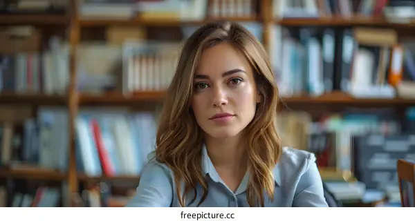 portrait of a young woman in a library
