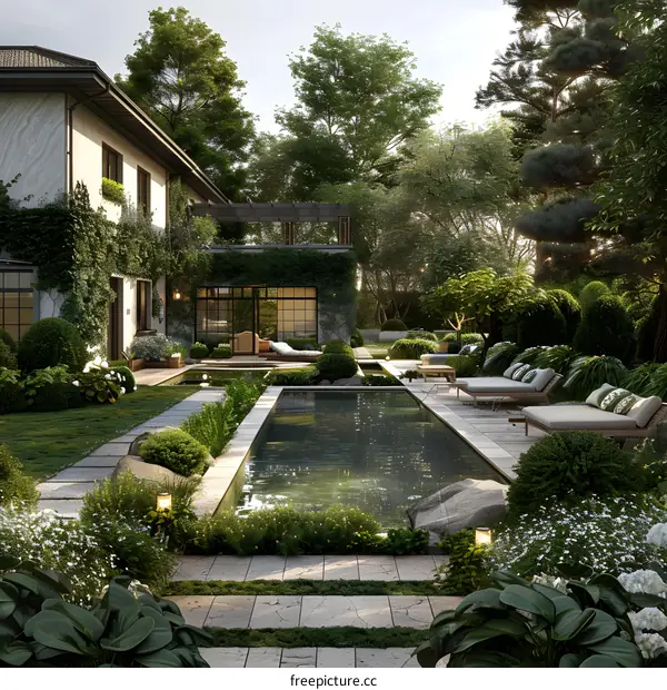 A modern villa in a lush garden
