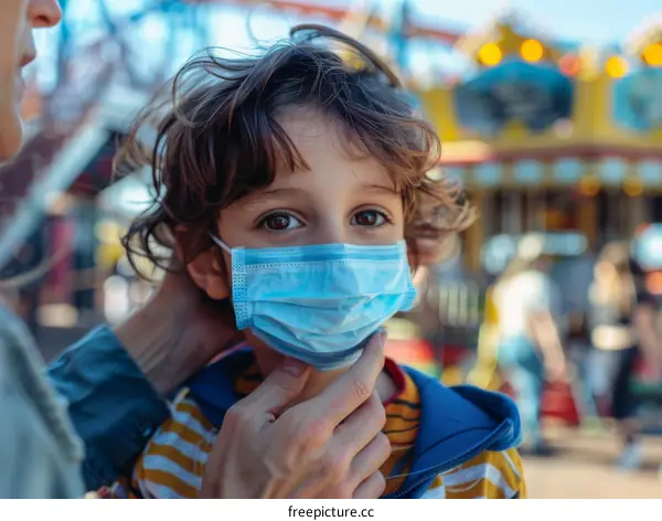 Mother putting a mask on her son