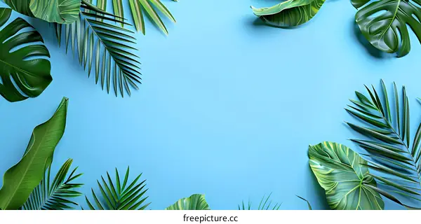 Tropical Leaves Border on Blue Background