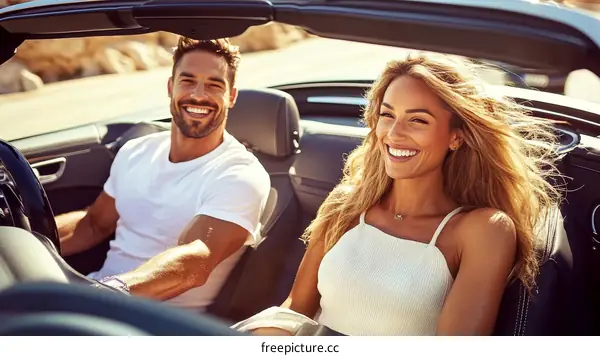 Couple Enjoying a Road Trip in a Convertible