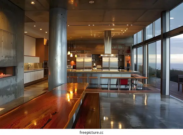 Modern Kitchen with Concrete Columns and Large Windows