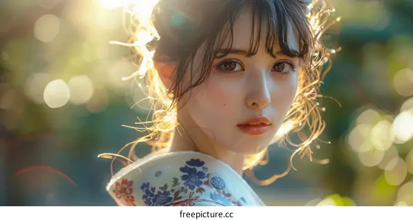 Asian Woman in Traditional Japanese Dress Outdoor Portrait