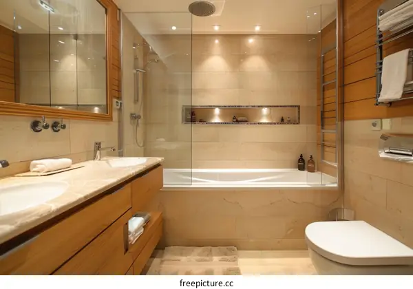 Modern Beige Bathroom with Double Sinks and Bathtub