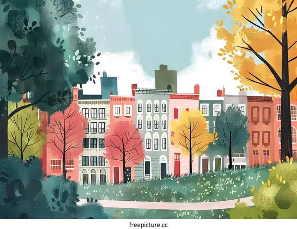 Autumn Cityscape with Colorful Buildings and Trees