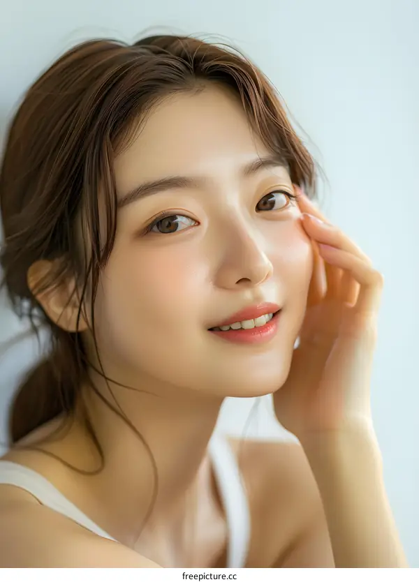 Portrait of a Beautiful Asian Woman with Natural Makeup and Long Hair