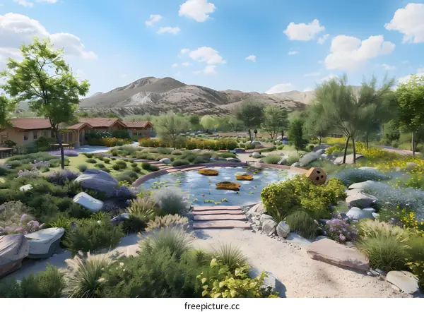 Beautiful Garden Design With Pond And Small Houses