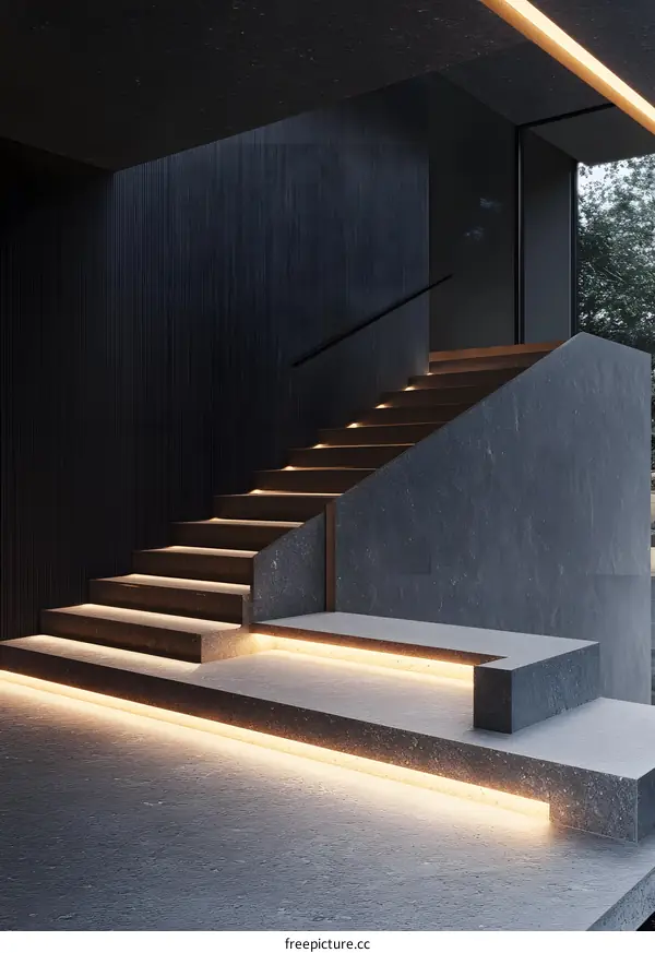 Modern Minimalist Concrete Staircase With Warm Lights