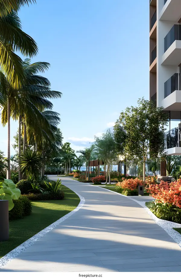 Modern Tropical Resort with Palm Trees and a Winding Pathway