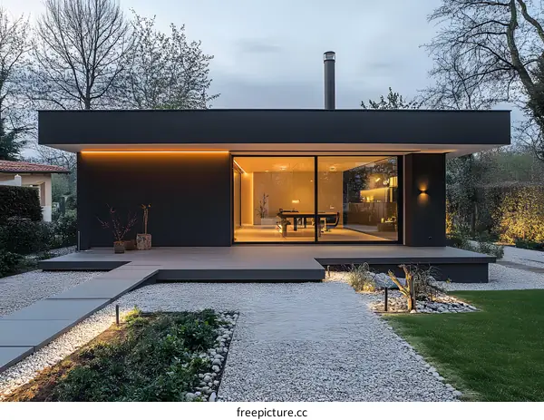 Modern Black House with Stone Patio and Minimalist Design