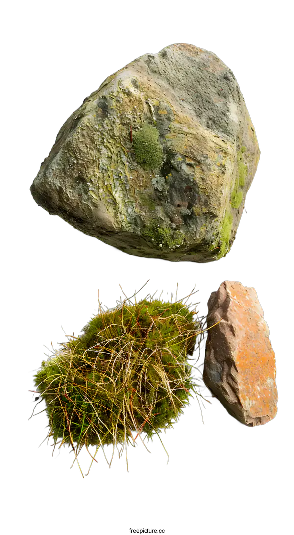 [Transparent Background PNG]Green Moss and Rocks on a White Background