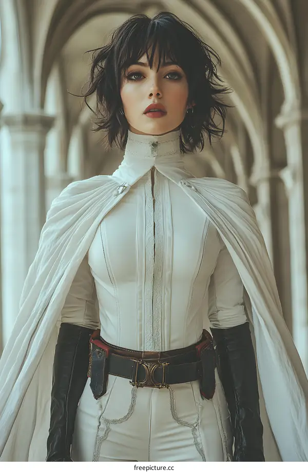 Fashion Portrait of a Woman in a White Outfit with a Cape in an Archway