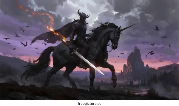 A dark knight riding a black unicorn with glowing sword in twilight landscape
