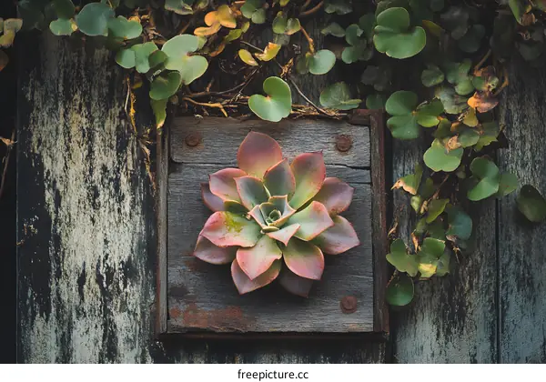 Succulent Plant Growing on a Weathered Wooden Wall