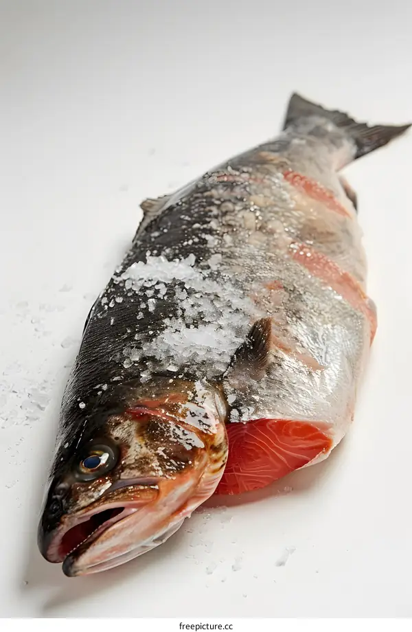 Raw salmon seasoned with salt on a white background