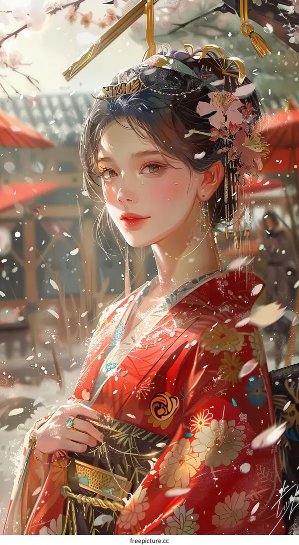 A beautiful Japanese woman in a red kimono standing in a snowy forest