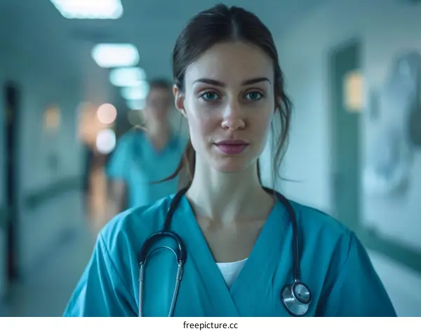 Portrait of a confident female doctor or nurse in a hospital hallway
