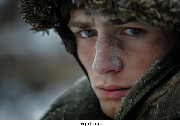 Portrait of a young soldier in the snow