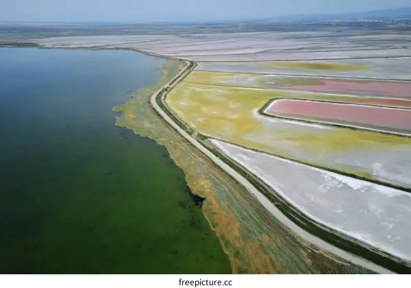 Aerial View of Colorful Salt Pans and Lagoon