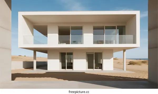 Minimalist White Beach House with Glass Balconies and Sand