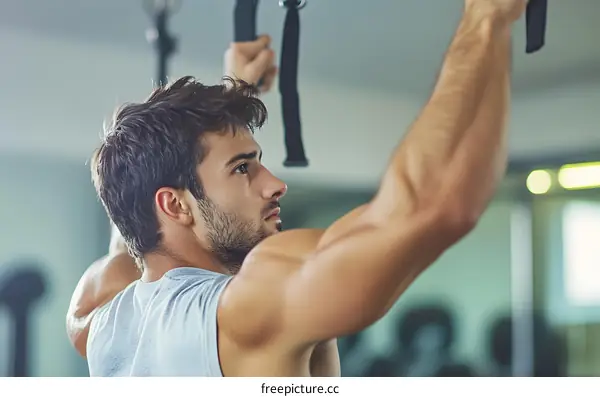 Man Exercising With Suspension Straps in a Gym