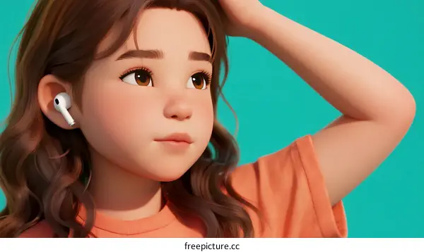 Young Woman with Wireless Earbuds and Long Wavy Hair