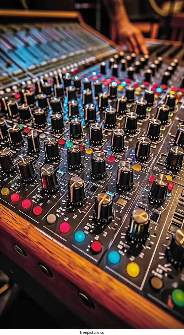 Sound engineer using a professional audio mixing console in a recording studio