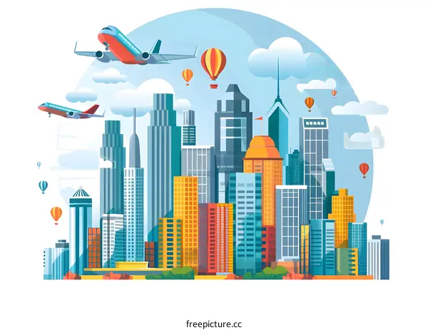 Modern City Skyline Illustration with Airplanes and Hot Air Balloons
