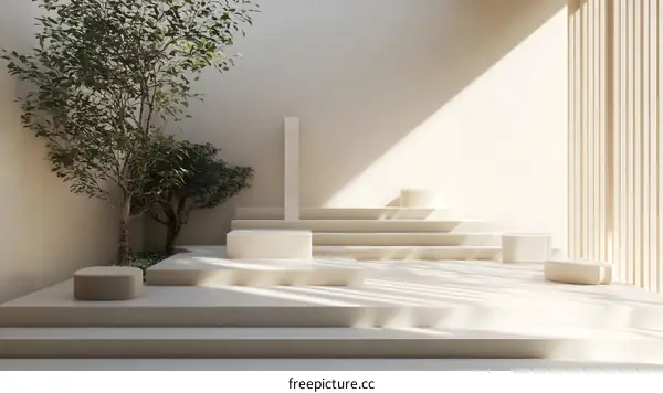 Minimalist White Platform with Tree and Sunlight