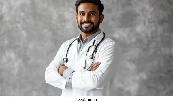 Confident Doctor Portrait Against a Gray Wall