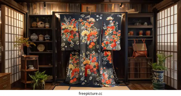 A kimono with a floral pattern is displayed in a traditional Japanese room.