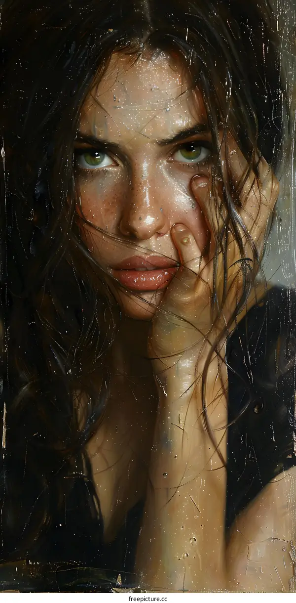 Closeup Portrait of a Woman with Green Eyes and Wet Hair