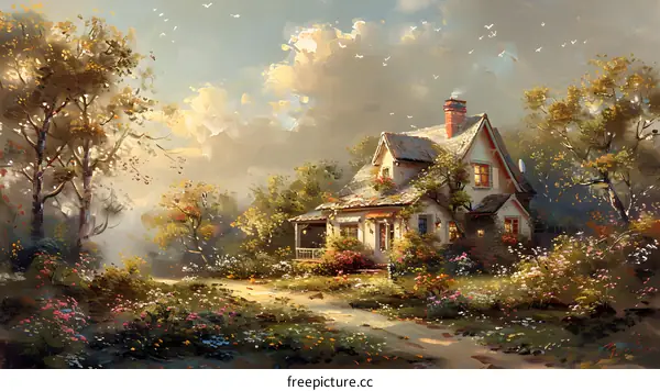 Beautiful Cottage In A Garden With A Path Leading To It