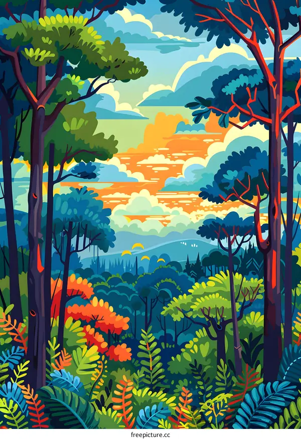Colorful Illustration of a Lush Forest with a View of a Sunset