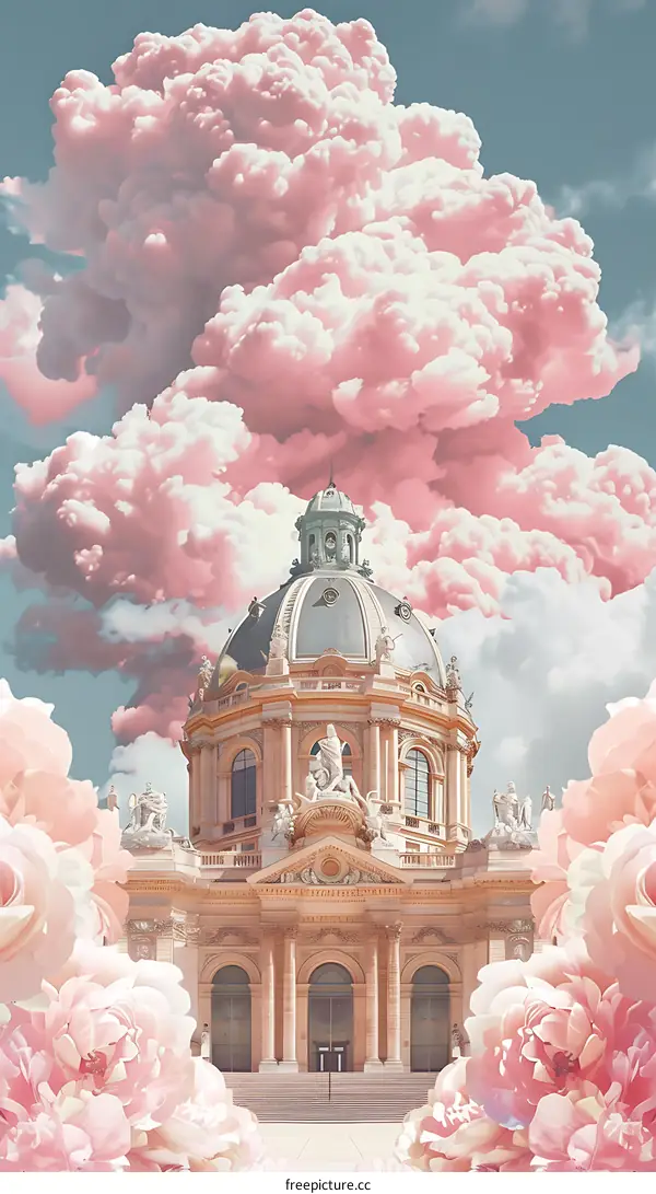 Pink Clouds Over Palace Building with Flowers