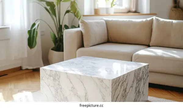 Modern Minimalist Marble Coffee Table in a Light Living Room