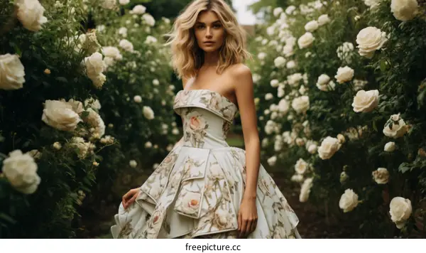 A woman wearing a floral dress is standing in a garden of roses.