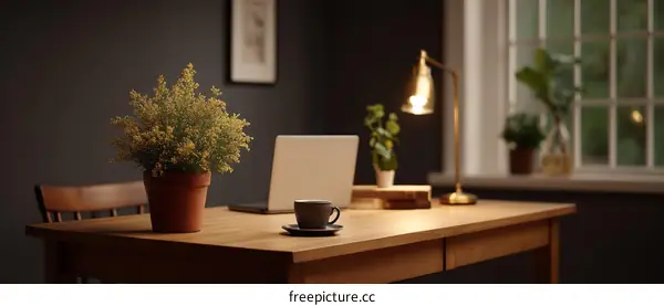 Cozy Home Office Desk Scene at Night