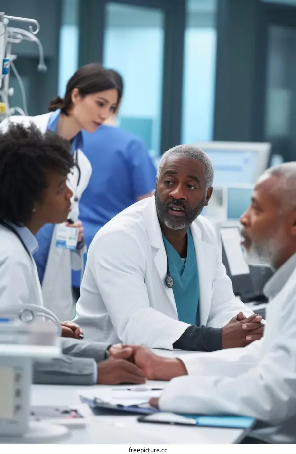 Four people in a hospital room discussing something