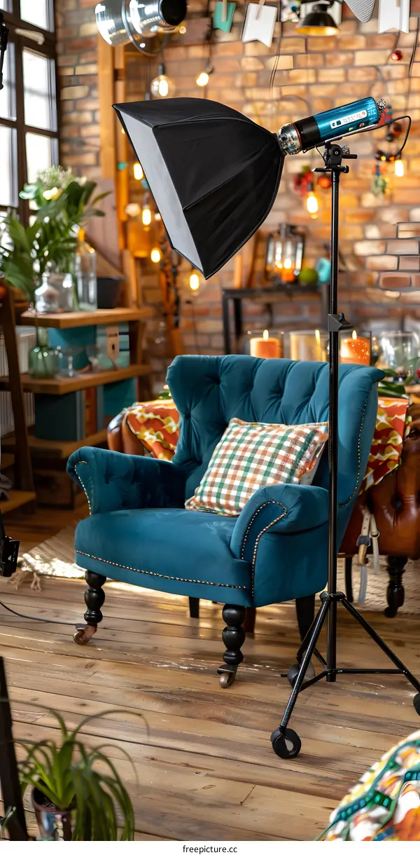 Studio Lighting Setup with Blue Velvet Armchair