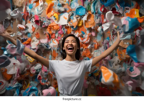 Happy Asian woman celebrating amidst colorful plastic waste