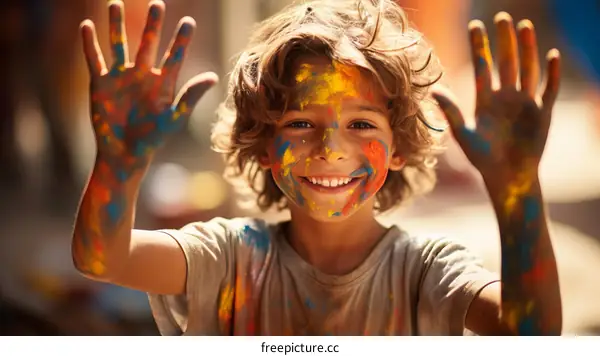 Portrait of a happy boy covered in colorful paint