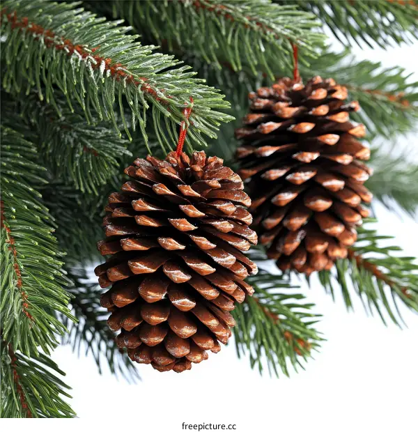 Christmas pine cones on a tree branch
