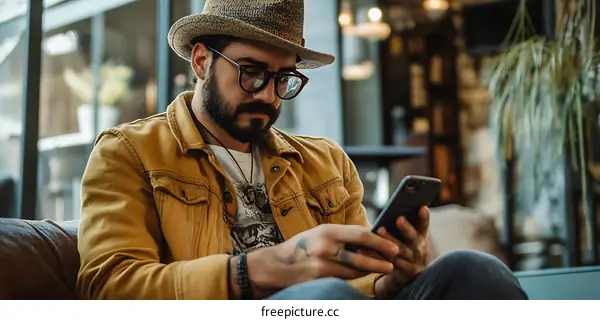 Man in Yellow Jacket Looking at Phone