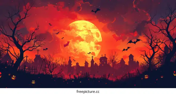 Halloween Night: Spooky Full Moon, Bats Over Haunted Village
