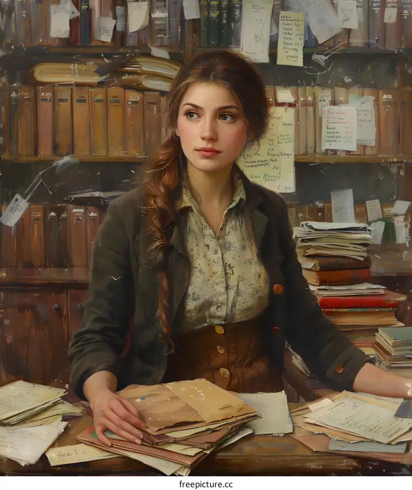 portrait of a young woman in a library