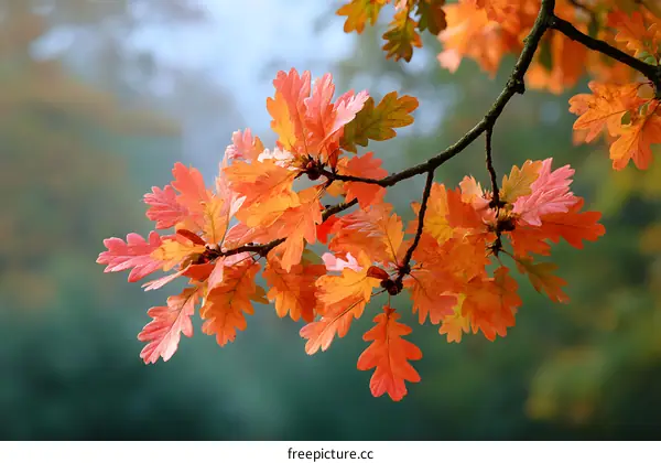 Autumn Oak Leaves in a Misty Forest